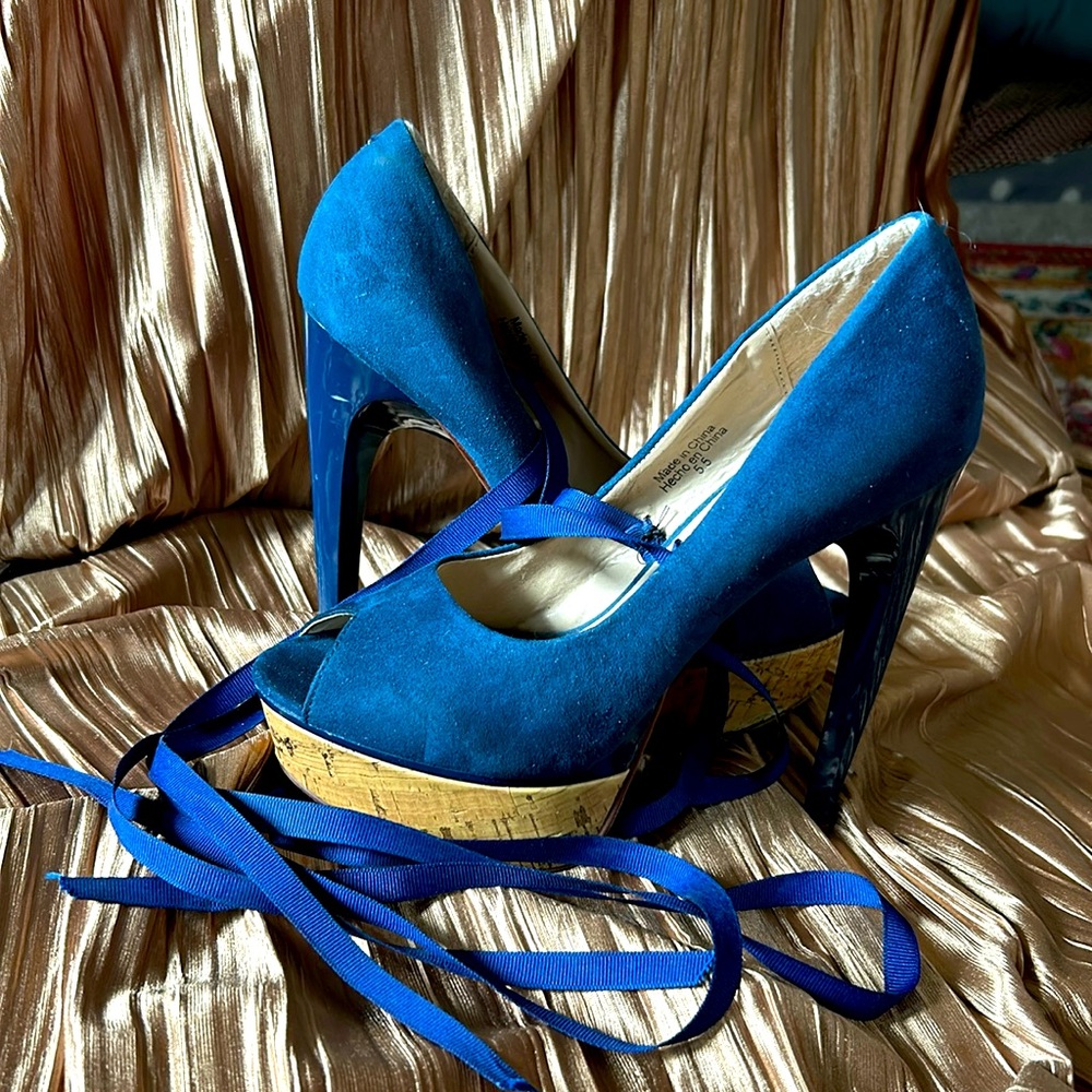 Blue suede platform stilettos